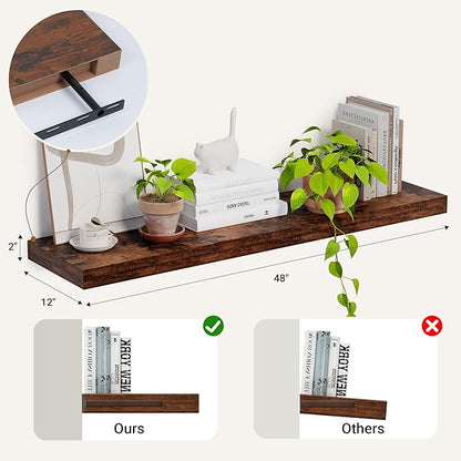 Heimlove 12 Inch Deep Floating Shelves, 72 x 12 inches Long Wall Shelf, Large Extra Display Shelf & Storage Shelf, Rustic Wood Wall Shelves for Fireplace Mantel, Rustic Brown - 1Pack