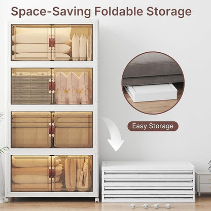 640Qt Stackable Storage Bins with Lids, 4 Pack Large Collapsible Bins with Wheels, Plastic Cabinet with Doors, Foldable Closet Organizers and Storage for Home, Dorm, Office, White