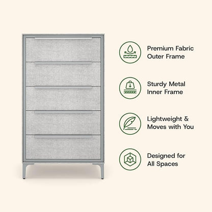 tinge Naima Premium Fabric Dresser - Strong Metal Frame, 5 Spacious Sag-Proof Drawers with Sleek Metal Handles - Premium & Durable Storage Solution for Your Home (Silver)