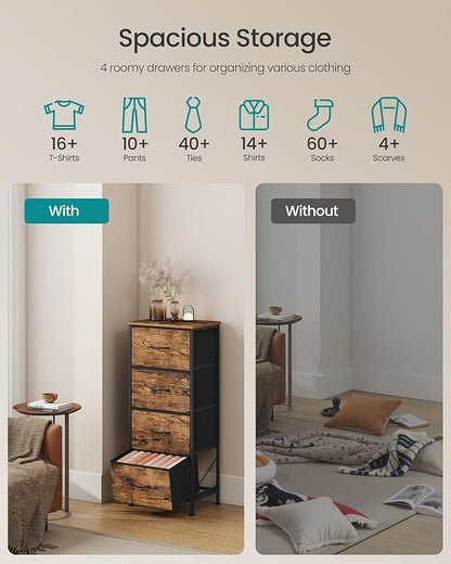 SONGMICS Dresser for Bedroom, Chest of Drawers, Steel, MDF, 4 Non-Woven Fabric Drawers, Storage Organizer Unit, Closet, Entryway, Rustic Brown and Ink Black LGS314B02S