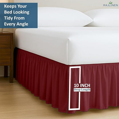 Rajlinen Ruffled Bed Skirt Queen, 10 Inch Drop Dust Ruffle with Split Corners, 100% Microfiber Bedskirt with Platform, Three-Sided Coverage Ruffled Gathering Design, Burgundy
