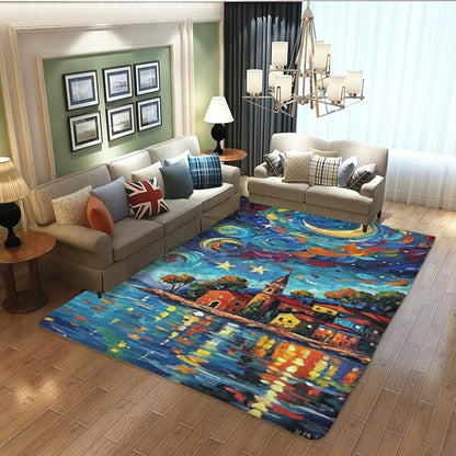 Machine Washable 5' x 7' Seaside Villages and Churches Area Rug, Bule Floor mat, Suitable for bedrooms, Girls' Room Bedside, Living Room, Dining Room, Office, Non-Slip Low-Pile Night Sky Carpet