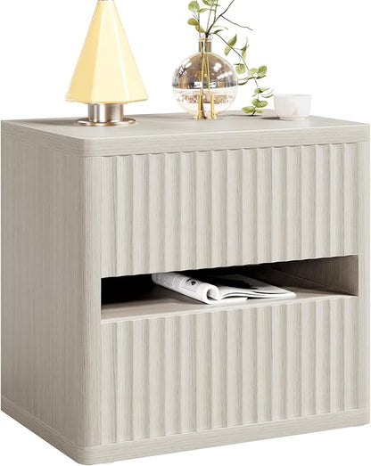 Dripex Fluted Nightstand with 2 Drawers, Large Wide Wood Night Stand Bedside Table for Bedroom, Mid-Century Modern Storage Bed Side Table, End Table for Living Room Sofa Couch, Gray Oak