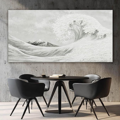 YETHEN WAL Neutral Grey Wave Wall Art – Textured Coastal Canvas Print with Hand-Painted Details, Minimalist Modern Seascape for Living Room Bedroom, 24×48 Inch