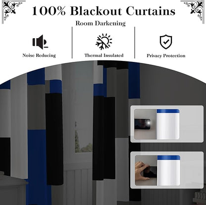 Royal Blue 100% Blackout Curtains for Bedroom 108 inch Extra Long 2 Panels Set Navy Blue Grey Modern Abstract Geometric Black Out Curtains Room Darkening Window Drapes for Living Room, 52Wx108L