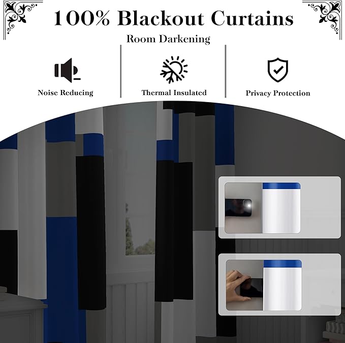 Blue Gray 100% Blackout Curtains for Bedroom 72 inch Length 2 Panels Set White Grey Modern Abstract Geometric Black Out Curtains Insulated Room Darkening Window Drapes for Living Room, 42Wx72L