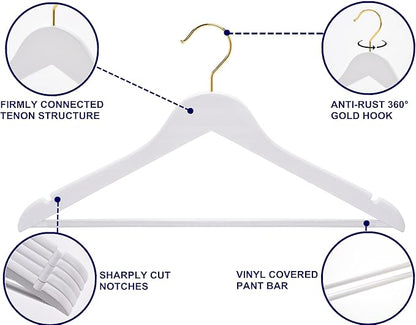 Amber Home 30 Pack Solid Wood Suit Coat Hangers, Smooth White Finish Wooden Dress Hangers with Non Slip Pant Bar, Clothes Hangers with Gold Hook & Notches for Jacket, Pant, Shirt (White+Gold, 30)