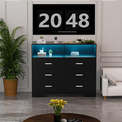 Dresser with Power Outlets and LED Lights Wooden 6 Drawer Dresser with Large Organizer Tall Black Drawer for Bedroom Modern Chest of Drawers Closet for Living Room Kids Room