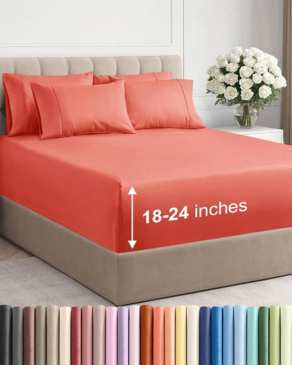 Extra Deep King Sheet Set - 6 Piece Breathable and Cooling Sheets - Hotel Luxury Bed Sheets Set - Easy & Secure Fit - Soft, Wrinkle Free and Comfy Sheets Set - Coral Sheet Set with Extra Deep Pockets