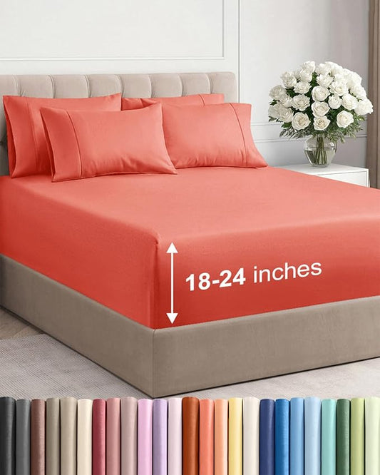 Extra Deep Cal King Sheet Set - 6 Piece Breathable & Cooling Sheets - Hotel Luxury Bed Sheets Set - Easy & Secure Fit - Soft, Wrinkle Free & Comfy Sheets Set - Coral Sheet Set with Extra Deep Pockets