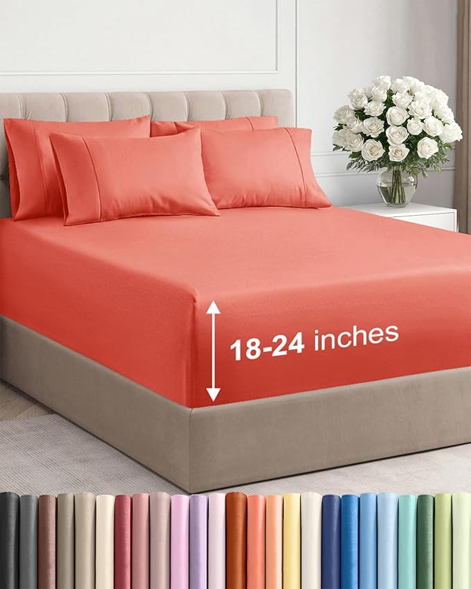 Extra Deep Queen Sheet Set - 6 Piece Breathable and Cooling Sheets - Hotel Luxury Bed Sheets Set - Easy & Secure Fit - Soft, Wrinkle Free and Comfy Sheets Set - Coral Sheet Set with Extra Deep Pockets