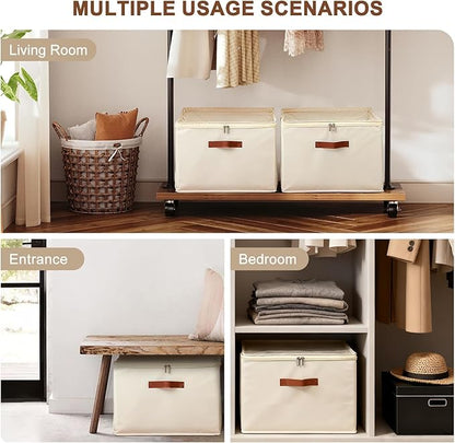 Shoe Organizer for Closet, Foldable Shoe Storage Box with Clear Top Lid, 3 Leather Handles, Adjustable Dividers, Fits 8-16 Pairs, Stackable Shoe Bin for Bedroom (Beige, 2 PCS/16.9*11.8*1.57 inch)