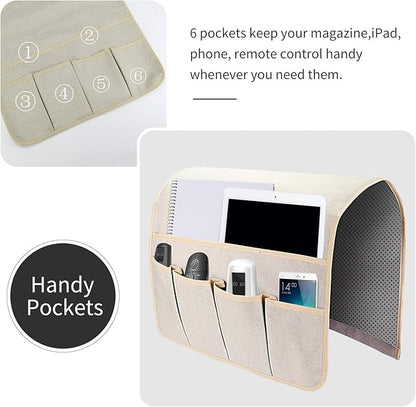 SYSOV Sofa Armrest Organizer, Remote Control Holder for Recliner Couch, Arm Chair Caddy with 6 Pockets for Magazine, Tablet, Phone, iPad (Beige, W19'' x L33'')