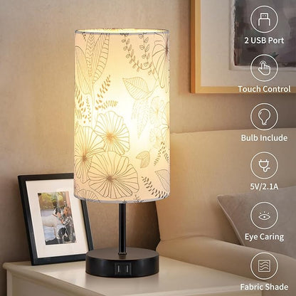 Bedside Touch Lamp with 2 USB Ports, Modern 3 Way Dimmable Small Lamp with Flower Fabric Shade, Nightstand Lamp for Living Room Bedroom Office End Table Dorm Room Kids Reading(E26 LED Bulb Included)