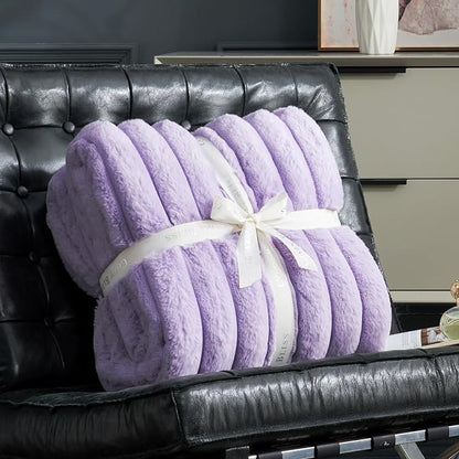 Cozy Bliss Faux Fur Throw Blanket for Couch, Cozy Warm Plush Striped Blanket for Sofa Bedroom Living Room, 108 * 90 Inches Lavender