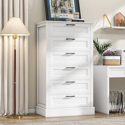 White 6 Drawer Dresser, 55 Inch Tall White Dresser for Bedroom, Modern Farmhouse Style Chest of Drawers for Bedroom Living Room, Wood Rustic Tall Clothing Organizer for Closet, Living Room, Hallway