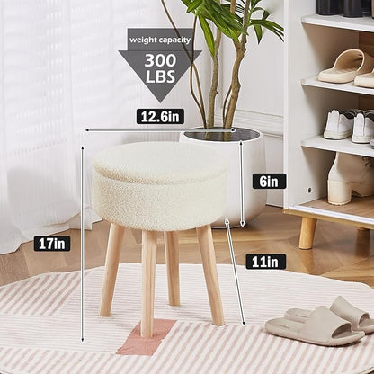 Mxfurhawa Storage Ottoman Foot Stool Teddy Velvet Round Vanity Stool Tray Top Footstool with Wood Legs Upholstered Foot Rest Ottoman for Living Room, Bathroom, Makeup (White)