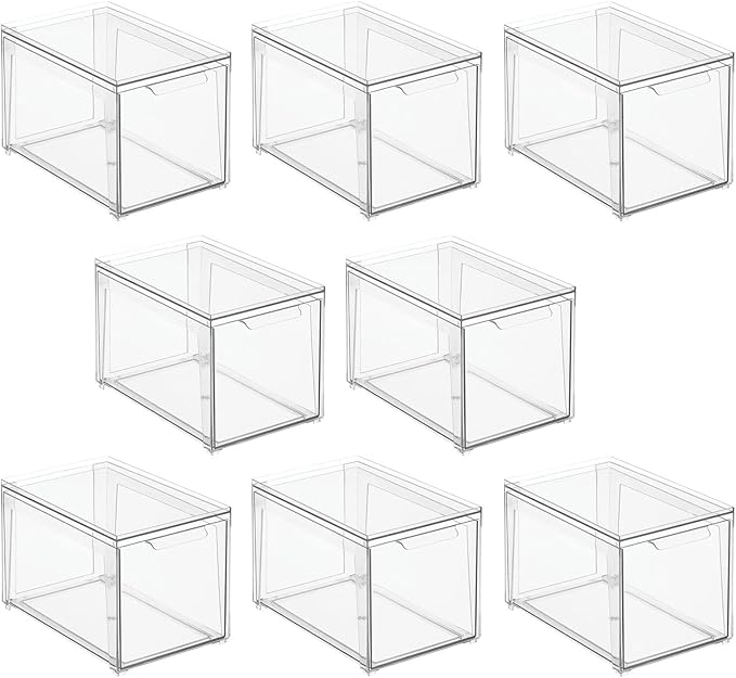 mDesign Plastic Stackable Closet Storage Organizer Bins with Pull Out Drawer for Cabinet, Desk, Shelf, Cupboard, or Dresser Organization - Lumiere Collection - 8 Pack - Clear