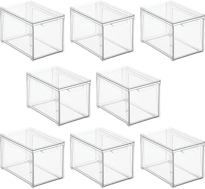 mDesign Plastic Stackable Closet Storage Organizer Bins with Pull Out Drawer for Cabinet, Desk, Shelf, Cupboard, or Dresser Organization - Lumiere Collection - 8 Pack - Clear