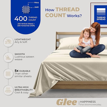 THREAD SPREAD 100% Cotton Twin Sheet Set - 400 Thread Count, 3 PC, Cooling & Luxury Sateen, 16" Deep Pocket, Breathable for Dorm Room (Ivory)