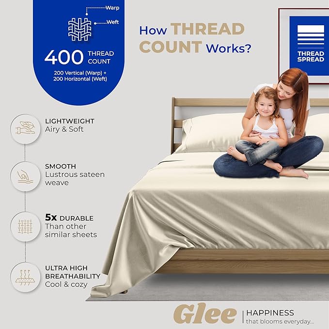 Thread Spread 100% Cotton Bed Sheets Twin XL Set - 400 Thread Count Cotton Twin XL Sheet Only, 3 PC Set (Ivory), Ultra Soft, Breathable, Cooling, Sateen Weave 16" Deep Pocket Bedsheet for Hot Sleepers
