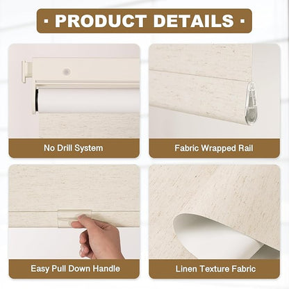 HESTIA No Drill Cordless Blackout Roller Shades Screwless Waterproof Shower Window Blinds, Auto-Retraction Easy Install Blind for Bedroom/Living Room/Kitchen, Cream Linen, 51.5" W x 54" H