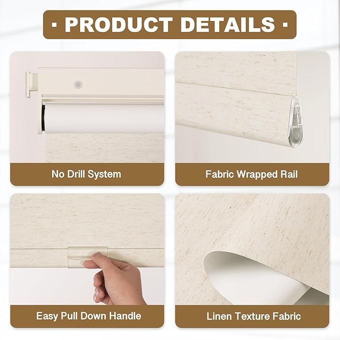 HESTIA No Drill Cordless Blackout Roller Shades Screwless Waterproof Shower Window Blinds, Auto-Retraction Easy Install Blind for Bedroom/Living Room/Kitchen, Cream Linen, 37.5" W x 54" H
