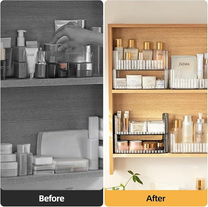2-Tier Stackable Medicine Cabinet Organizer, Narrow Bathroom Makeup Organizer with Lipstick Holders & Cotton Swab Cases, Clear Countertop Shelf for Mirror Cabinet and Vanity