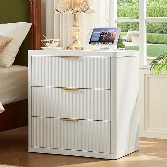 LEYAOYAO 23" Wide Fluted Night Stand with Charging Station,3 Drawers Large End Table with Storage,White Nightstand Wood Bedside Tables, Farmhouse Cabinet Dresser for Bedroom,Closet