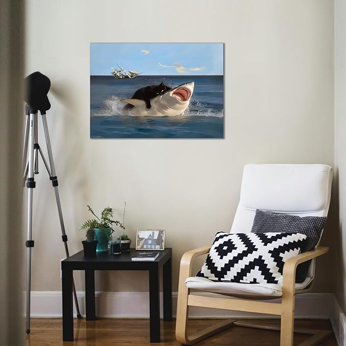 BFKDKG Framed Black Cat Wall Art, Funny Quirky Cat and Shark Pictures Canvas Print, Abstract Black Cat Shark Posters Wall Decor for Room Bedroom Living Room Bathroom 16x24in