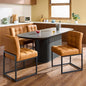 Brown Faux Leather Dining Chairs Set of 4, Mid-Century Modern Dining Room Chairs with Armless, Checkered Kitchen Chair with Metal Legs