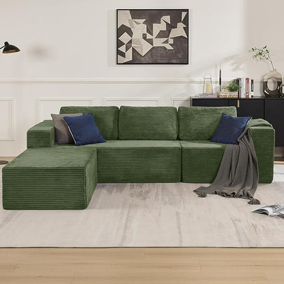 106" 3-Seater Sofa, Cloud Modular Sofa with Certified Foam, Upholstered Floor Sofa with Deep Seat, Sofa for Bedroom Living Room, No Assembly Required (Green, Plush Corduroy Fabric)