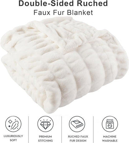 BATTILO HOME Cream Faux Fur Throw Blanket for Bed, Large Double Side Ruched Rabbit Fur Blanket for Couch, Bed, Super Soft Cozy Mink Blanket, 60"x80"