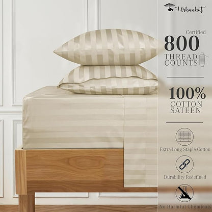 URBANHUT 800 Thread Count 100% Cotton Damask Full Size Sheets, 4 Piece Striped Full Size Bedsheets, Luxury Hotel Sheets Sateen Weave - Better Than Egyptian, 16" Elasticized Deep Pocket- Ivory