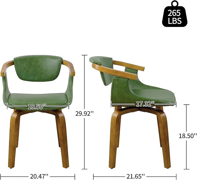 Art Leon Dining Chairs Set of 2 - Mid Century Modern Retro Faux Leather Chair, Small Comfy Upholstered Swivel Desk Chairs No Wheels, Green