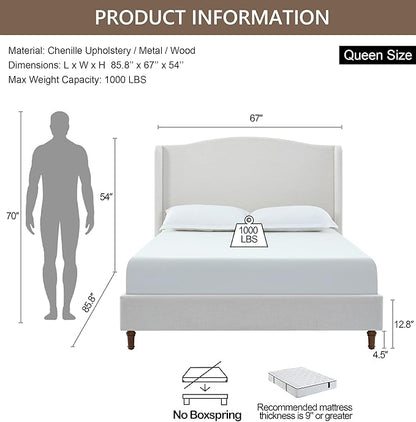 Queen Size Bed Frame with 54" Extra Tall Headboard - Luxury Chenille Upholstered Wingback Platform Bed, 1000lbs Heavy Duty, No Box Spring Needed(Ivory White Chenille Camelback,Queen)