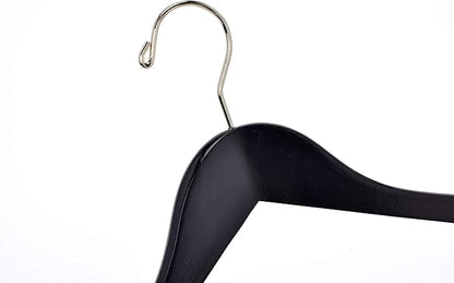 Quality Black Wooden Skirt Hangers with Clips, 20-Pack Smooth Solid Wood Pants Hangers with Durable Adjustable Metal Clips, Swivel Hook, Coat, Jacket, Blouse Suit Hangers (Black-Gold Hook, 20)