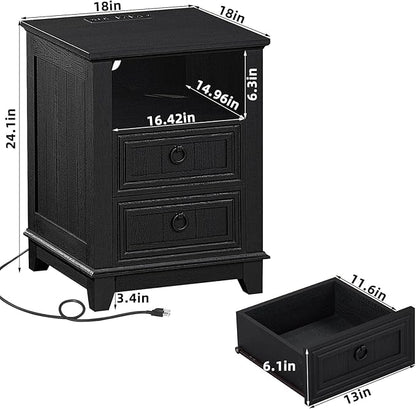18" Farmhouse Night Stand with Charging Station, 2 Drawers End Table Dresser for Bedroom, Black Wooden Nightstand, Bed Side Table with Open Shelf, Bedside Cabinet for Living Room, Closet