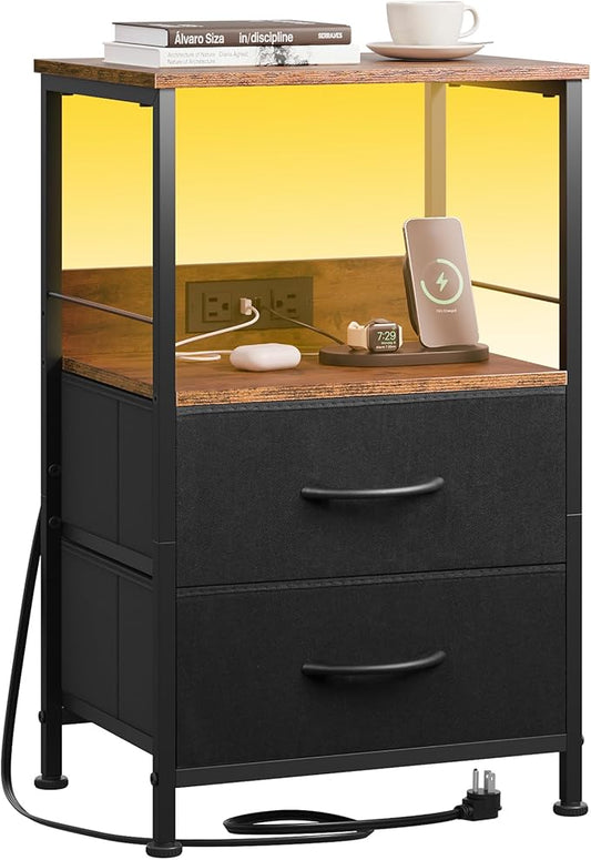 WLIVE Nightstand with Charging Station, LED Night Stand with 2 Fabric Drawers and Open Shelf, Small Dresser for Small Spaces, Side End Tables for Bedroom, Rustic Brown and Black