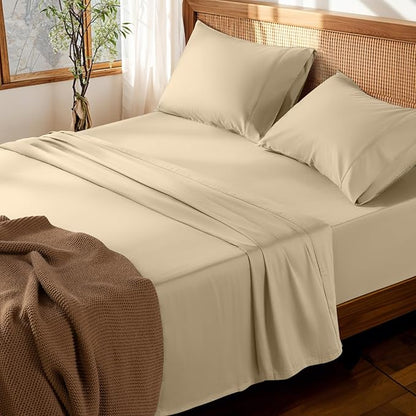 LBRO2M 100% Cotton Sheets Set Deep Pocket 19", 1000 Thread Count King Size 4 Piece Bed Sheet Sets Soft Comfortable Bedding All Season (King, Linen)