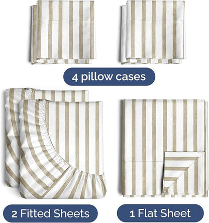 Split King 7 Piece Sheet Set - Cooling & Breathable - Hotel Luxury Bedding, Includes Fitted Sheets for Women, Men, Kids & Teens - 1 Flat, 2 Fitted Sheets, 4 Pillowcases w/Deep Pockets - Beige Stripes