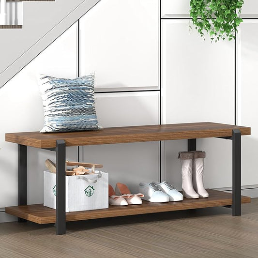 FOLUBAN Entryway Bench with Shoe Storage, Modern End of Bed Bench, Wood and Metal Entry Bench for Hallway Front Door Entrance, Industrial Indoor Bench for Bedroom Living Room, Rustic Walnut, 47 Inch