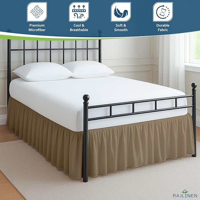 Rajlinen Ruffled Bed Skirt California King, 21 Inch Drop Dust Ruffle with Split Corners, 100% Microfiber Bedskirt with Platform, Three-Sided Coverage Ruffled Gathering Design, Taupe