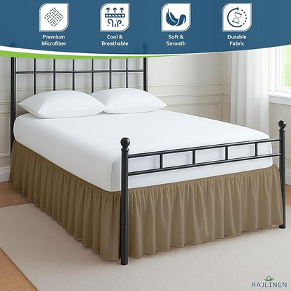 Rajlinen Ruffled Bed Skirt Twin, 21 Inch Drop Dust Ruffle with Split Corners, 100% Microfiber Bedskirt with Platform, Three-Sided Coverage Ruffled Gathering Design, Taupe