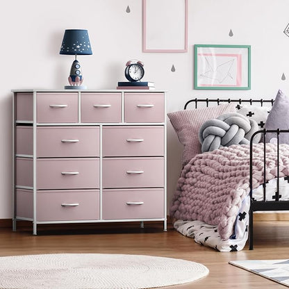 Sorbus Dresser with 9 Drawers - Furniture Storage Chest Tower Unit for Bedroom, Hallway, Closet, Office Organization - Steel Frame, Wood Top, Fabric Bins (Solid Pink, Solid)