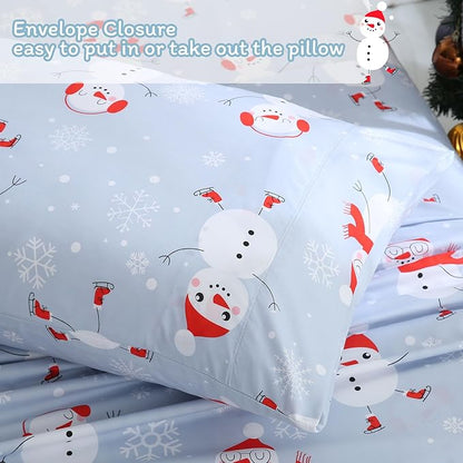 JSD Snowman Kids Sheet Set Twin Size, 3 Piece Blue Snowflakes Christmas Printed Microfiber Sheets Deep Pocket