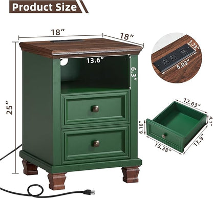 SAVOR LIFE Farmhouse Nightstand with Charging Station, Rustic Green Nightstand,2 Drawers End Table for Living Room,Bedside Table with Open Shelf for Bed Room,Green