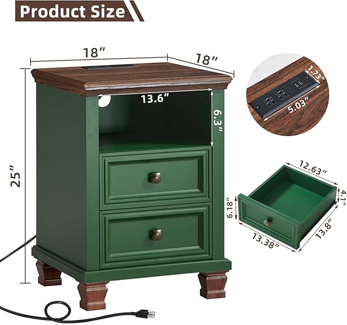 SAVOR LIFE Farmhouse Nightstand Set of 2 with Charging Station, Rustic Green Nightstand,2 Drawers End Table for Living Room,Bedside Table with Open Shelf for Bed Room,Green