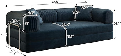 79" Convertible Sofa Bed with Fixed-Shape Frame, Corduroy Folding Pull Out Couch, No Assembly Modern Boneless Couch Compression Sofa in Box, Floor Sofa for Living Room,Blue