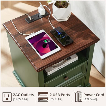 SAVOR LIFE Farmhouse Nightstand Set of 2 with Charging Station, Rustic Green Nightstand,2 Drawers End Table for Living Room,Bedside Table with Open Shelf for Bed Room,Green